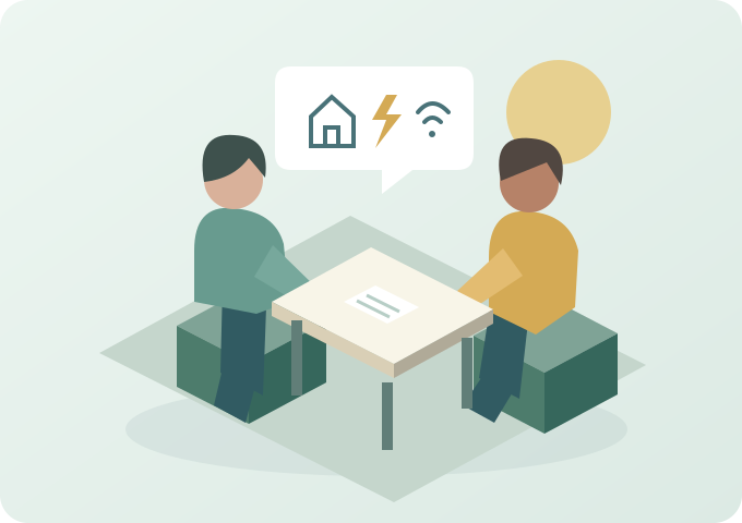 Ilustração de duas pessoas à conversa sobre casa, energia e ligação.